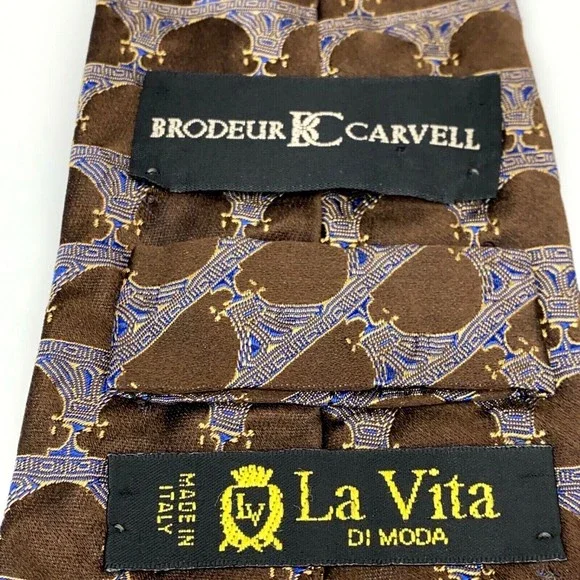 Brodeur Carvell La Vita Di Moda Tie Brown Blue 100% Silk Made in Italy Necktie - Picture 7 of 10